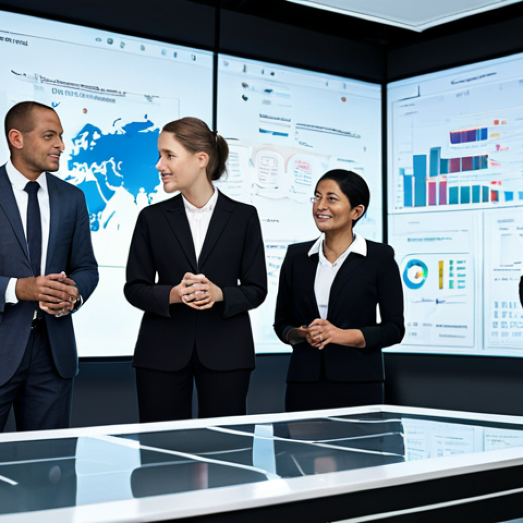 A diverse group of professional business executives, men and women, in modest, professional business attire including well-tailored suits and blouses, standing around a large, sleek digital display table in a high-tech, modern global office. The table displays complex data visualizations related to international business terminology and multilingual communication, symbolizing a strategic glossary. They are engaged in collaborative discussion, pointing to the screen with natural gestures, reflecting enhanced global communication. Professional photography, high resolution, soft studio lighting, fully clothed, appropriate attire, safe for work, perfect anatomy, correct proportions, natural pose, well-formed hands, proper finger count, natural body proportions, family-friendly content.