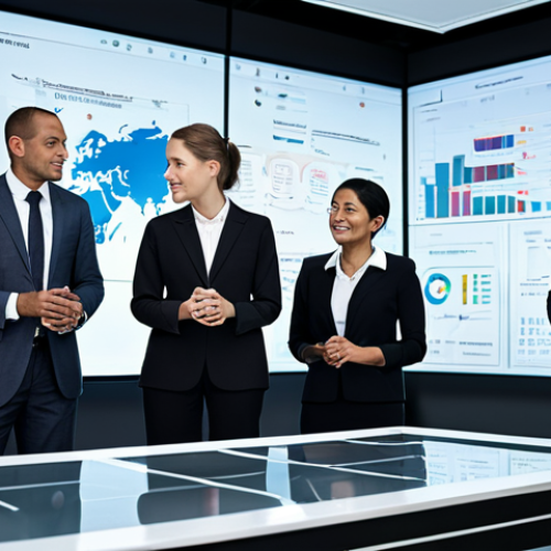 A diverse group of professional business executives, men and women, in modest, professional business attire including well-tailored suits and blouses, standing around a large, sleek digital display table in a high-tech, modern global office. The table displays complex data visualizations related to international business terminology and multilingual communication, symbolizing a strategic glossary. They are engaged in collaborative discussion, pointing to the screen with natural gestures, reflecting enhanced global communication. Professional photography, high resolution, soft studio lighting, fully clothed, appropriate attire, safe for work, perfect anatomy, correct proportions, natural pose, well-formed hands, proper finger count, natural body proportions, family-friendly content.
