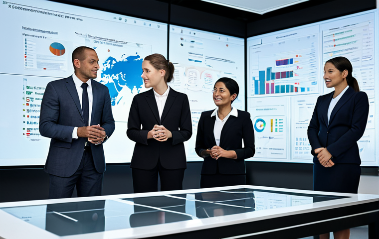 A diverse group of professional business executives, men and women, in modest, professional business attire including well-tailored suits and blouses, standing around a large, sleek digital display table in a high-tech, modern global office. The table displays complex data visualizations related to international business terminology and multilingual communication, symbolizing a strategic glossary. They are engaged in collaborative discussion, pointing to the screen with natural gestures, reflecting enhanced global communication. Professional photography, high resolution, soft studio lighting, fully clothed, appropriate attire, safe for work, perfect anatomy, correct proportions, natural pose, well-formed hands, proper finger count, natural body proportions, family-friendly content.