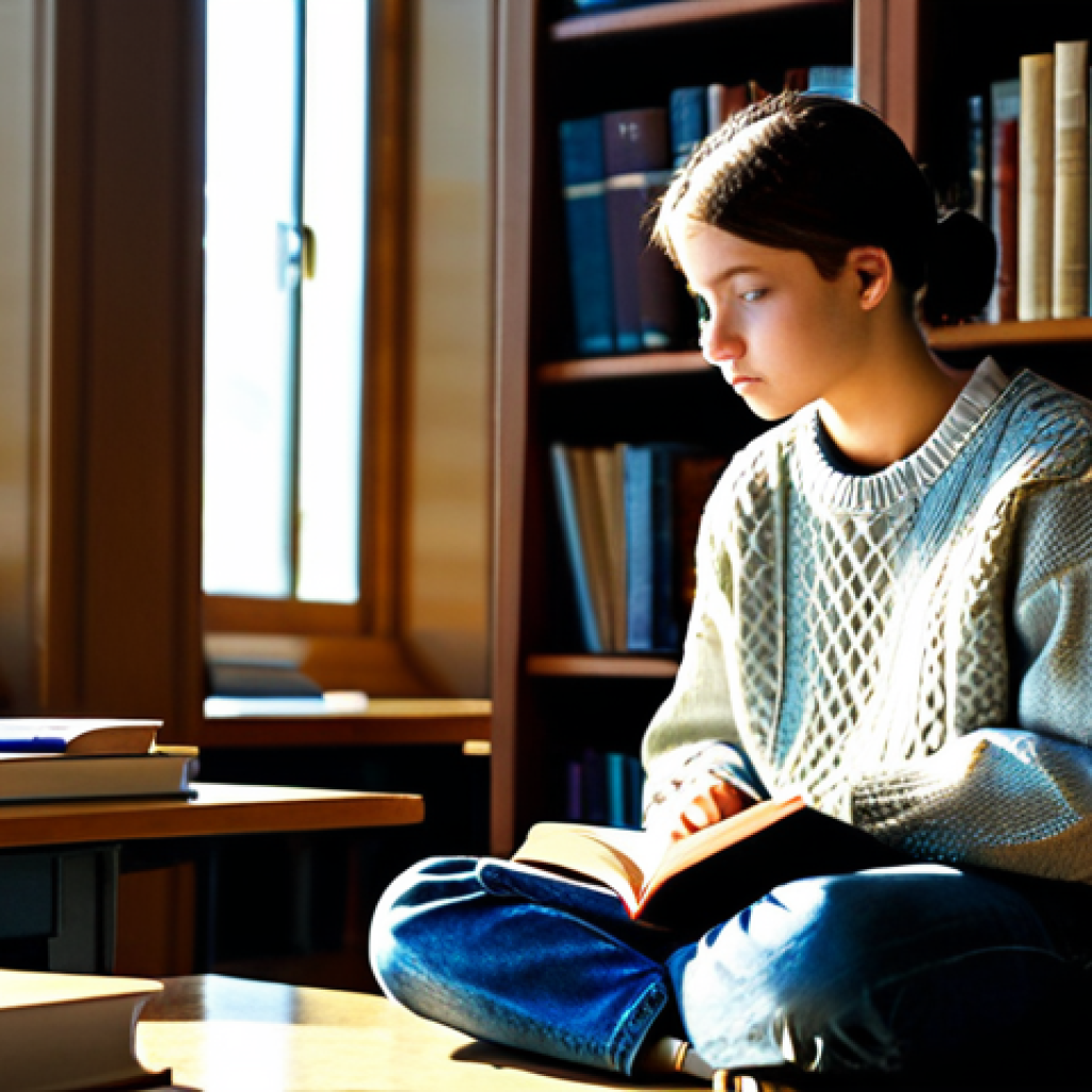 Reflective Student**
A young student sits thoughtfully at a desk in a sunlit library, surrounded by books. They are fully clothed in modest, comfortable attire, perhaps a sweater and jeans. The expression on their face is one of contemplation. "Safe for work," "appropriate content," "fully clothed," "professional," "perfect anatomy," "correct proportions," "natural pose." Focus on capturing a sense of intellectual curiosity.
**