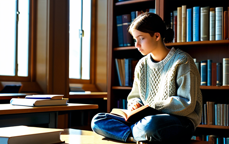 Reflective Student**

A young student sits thoughtfully at a desk in a sunlit library, surrounded by books. They are fully clothed in modest, comfortable attire, perhaps a sweater and jeans. The expression on their face is one of contemplation. "Safe for work," "appropriate content," "fully clothed," "professional," "perfect anatomy," "correct proportions," "natural pose." Focus on capturing a sense of intellectual curiosity.

**