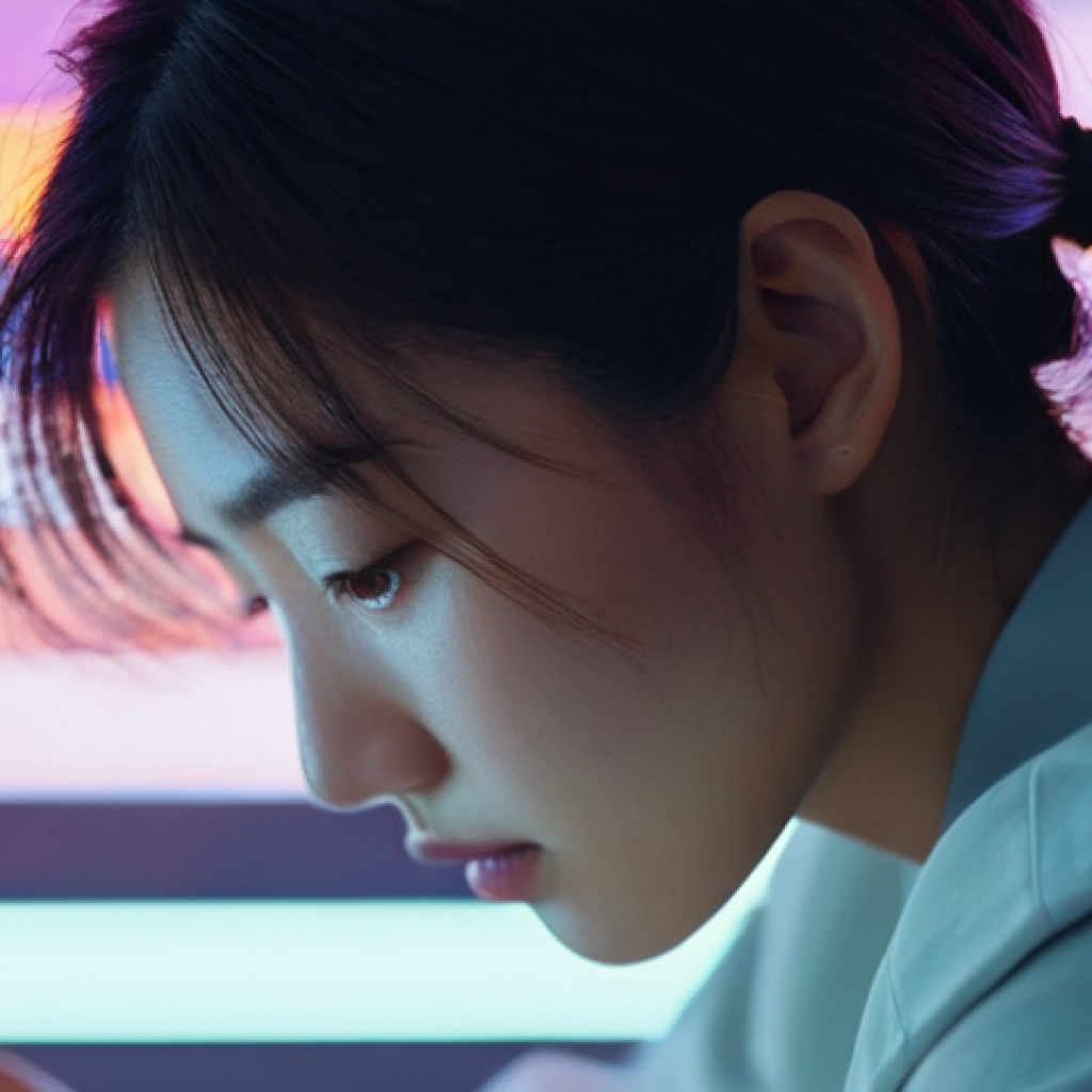 용어집 레퍼런스 - **Overwhelmed by Jargon:** A close-up, slightly Dutch angle shot of a young Japanese woman (late 20s...