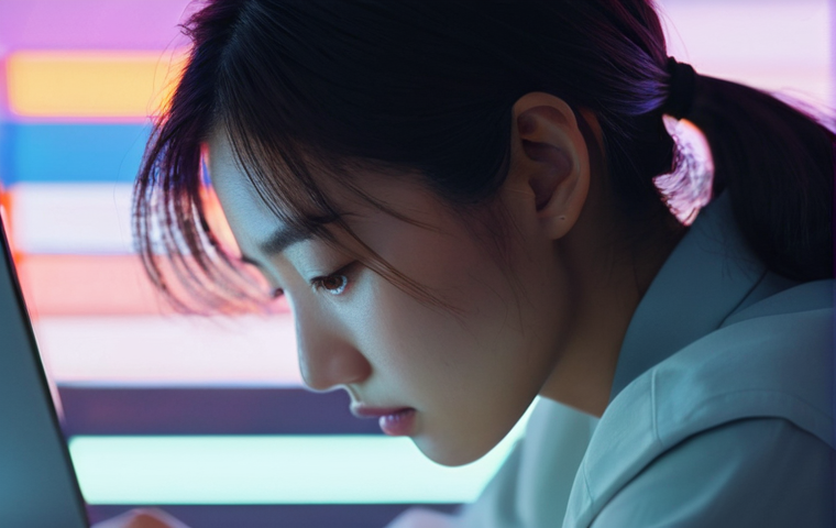 용어집 레퍼런스 - **Overwhelmed by Jargon:** A close-up, slightly Dutch angle shot of a young Japanese woman (late 20s...