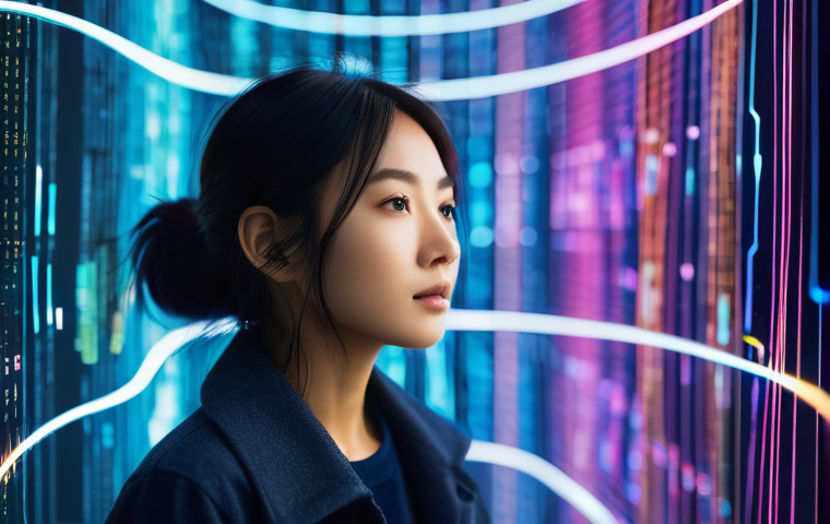 용어집 레퍼런스 - **Overwhelmed by Jargon:** A close-up, slightly Dutch angle shot of a young Japanese woman (late 20s...