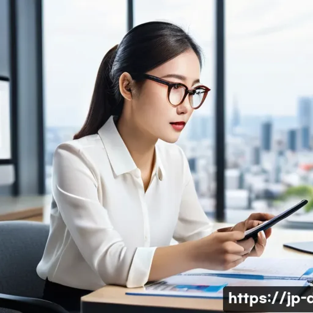 디지털 마케팅 용어집 - A modern digital marketing office scene with a young Japanese professional woman sitting at a sleek ...