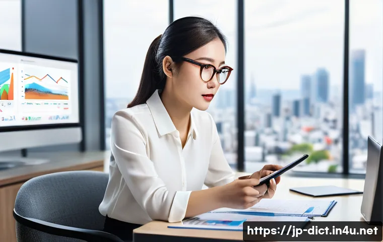 디지털 마케팅 용어집 - A modern digital marketing office scene with a young Japanese professional woman sitting at a sleek ...