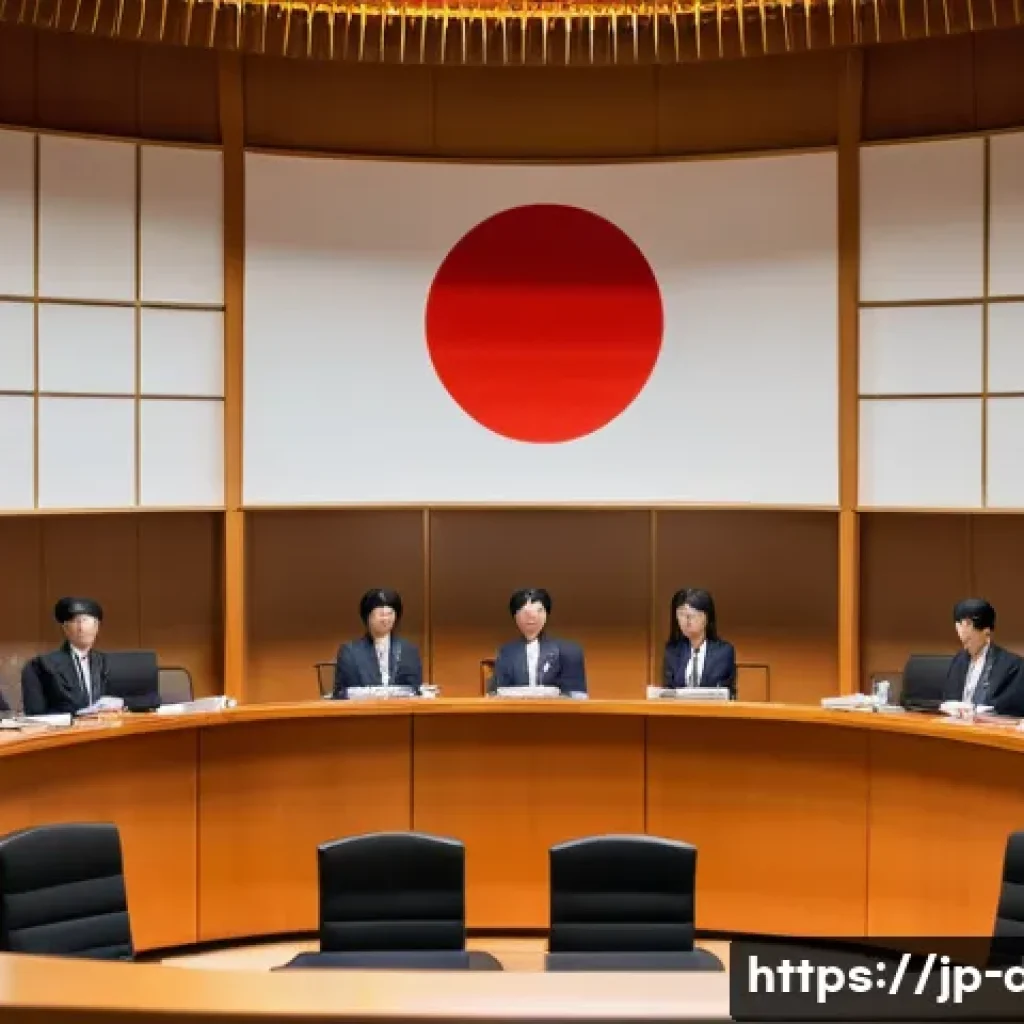 정치 용어집 - A modern Japanese city council chamber filled with diverse members actively debating legislative bil...