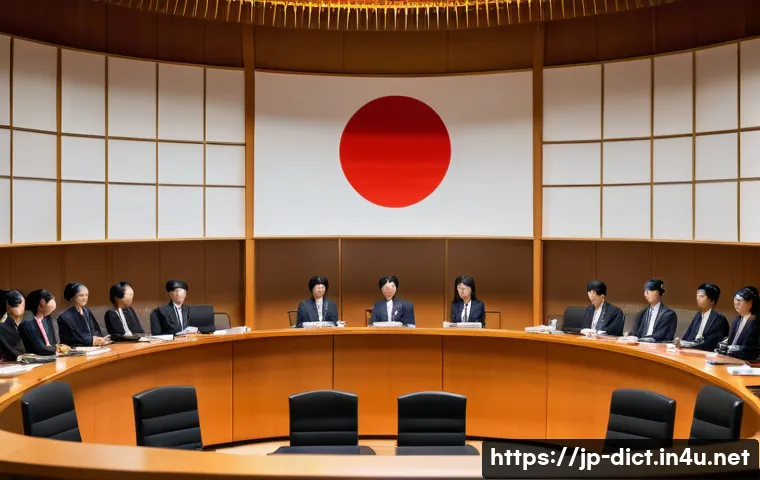 정치 용어집 - A modern Japanese city council chamber filled with diverse members actively debating legislative bil...
