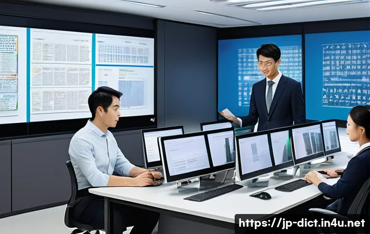 용어집 가이드라인 - A modern Japanese office environment with diverse professionals collaborating around a digital scree...