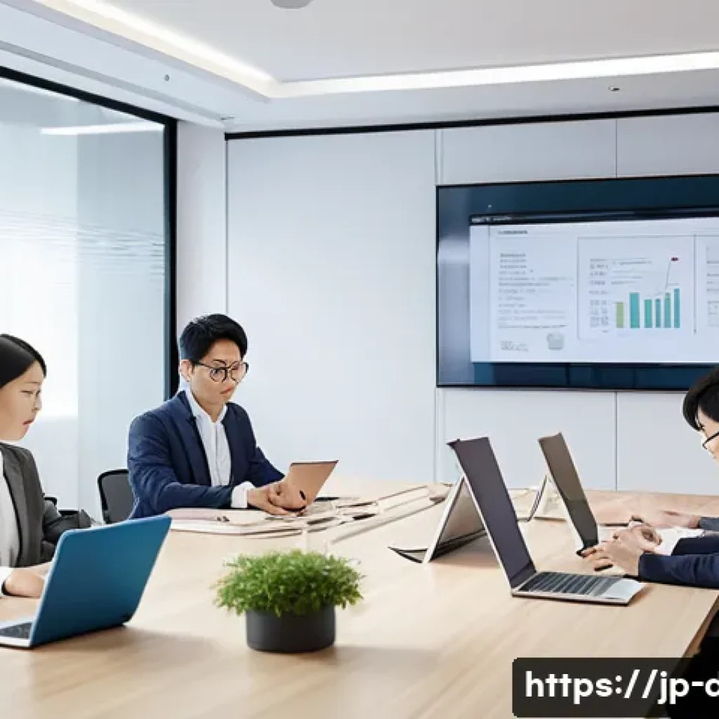 용어집 프로젝트 - A modern Japanese IT office scene showing a diverse team collaborating around a large table, with di...