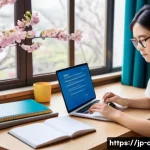 단어 목록 만들기 - A modern Japanese student sitting at a clean desk in a cozy room, using a smartphone and a laptop si...