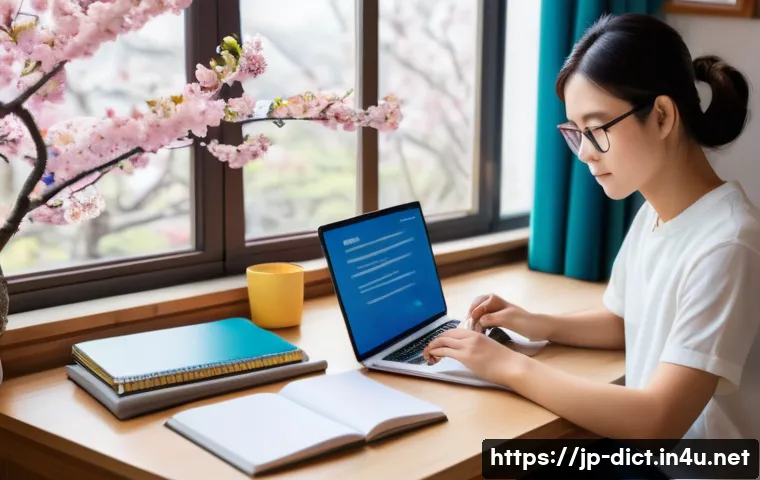 단어 목록 만들기 - A modern Japanese student sitting at a clean desk in a cozy room, using a smartphone and a laptop si...