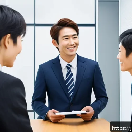 문화적 차이 용어 - A modern Japanese office scene showing a diverse group of colleagues engaging in polite conversation...