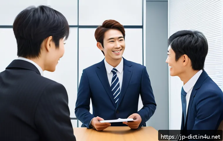 문화적 차이 용어 - A modern Japanese office scene showing a diverse group of colleagues engaging in polite conversation...
