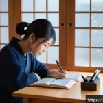 어휘 개발 - A cozy Japanese home study scene featuring a young adult sitting at a wooden desk by a window with s...