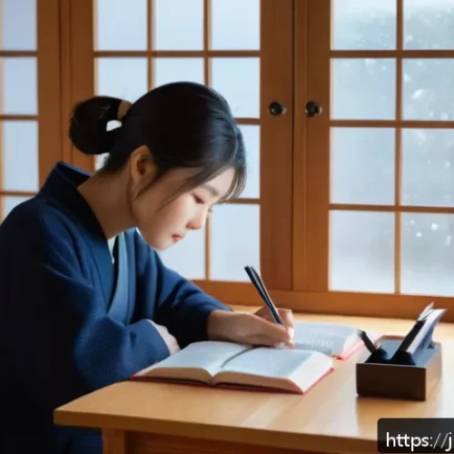 어휘 개발 - A cozy Japanese home study scene featuring a young adult sitting at a wooden desk by a window with s...