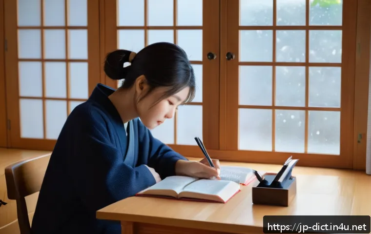 어휘 개발 - A cozy Japanese home study scene featuring a young adult sitting at a wooden desk by a window with s...