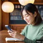 디지털 사전 프로그램 - A modern Japanese woman sitting in a cozy cafe, using a smartphone dictionary app for language study...