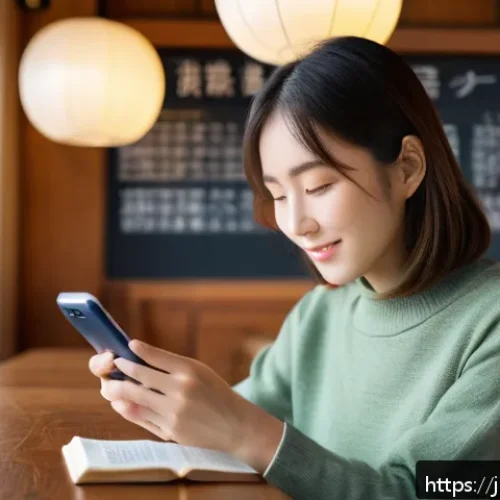 디지털 사전 프로그램 - A modern Japanese woman sitting in a cozy cafe, using a smartphone dictionary app for language study...