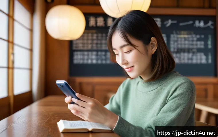 디지털 사전 프로그램 - A modern Japanese woman sitting in a cozy cafe, using a smartphone dictionary app for language study...
