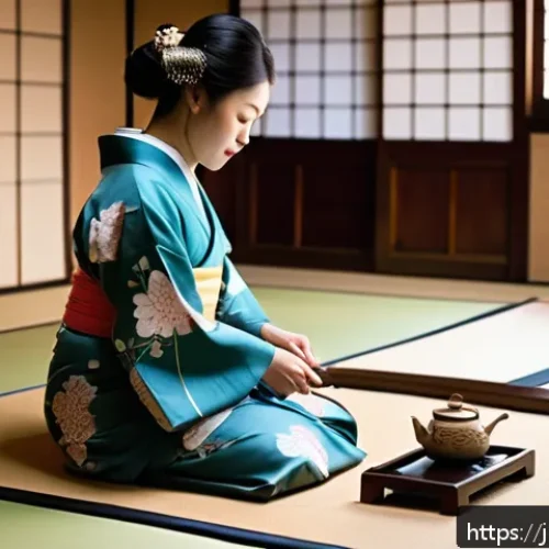 단어의 역사 - A serene traditional Japanese tea ceremony scene in a tatami room, featuring a young woman in a beau...