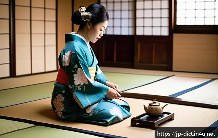 단어의 역사 - A serene traditional Japanese tea ceremony scene in a tatami room, featuring a young woman in a beau...