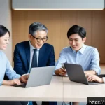 사회적 정의 용어집 - A diverse group of Japanese office workers collaborating in a modern, bright workplace, featuring me...