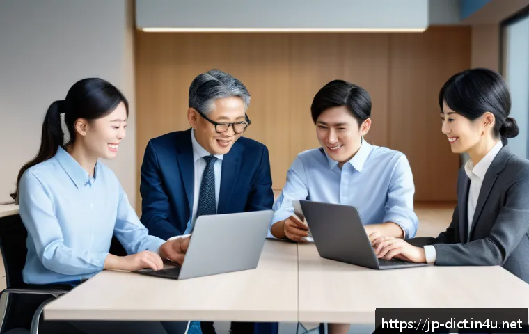 사회적 정의 용어집 - A diverse group of Japanese office workers collaborating in a modern, bright workplace, featuring me...