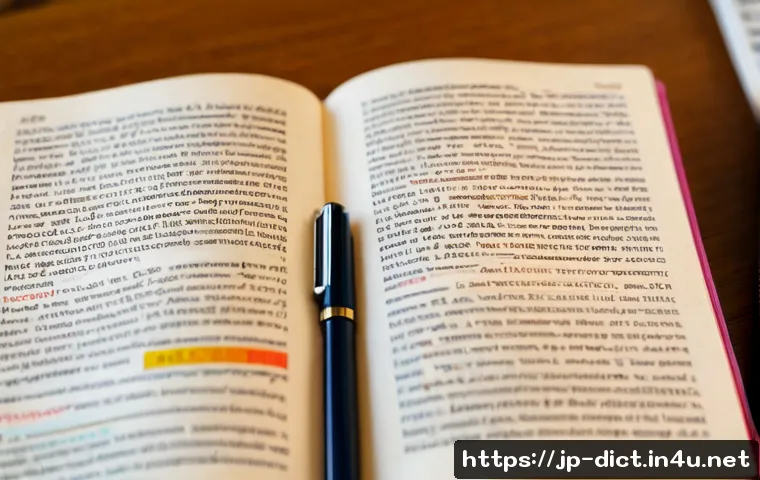 영어 용어집 - Photorealistic close-up of a neatly organized English learning glossary concept, open hardcover refe...