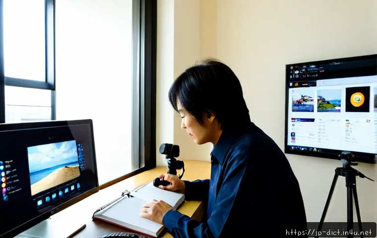 유튜브 용어집 - Photorealistic Japanese home office scene, a middle-aged Japanese content creator studying video pro...